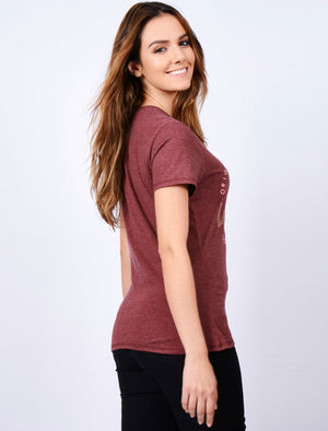 Mikala Flocked Motif Cotton Jersey T-Shirt In Burgundy Marl - Tokyo Laundry