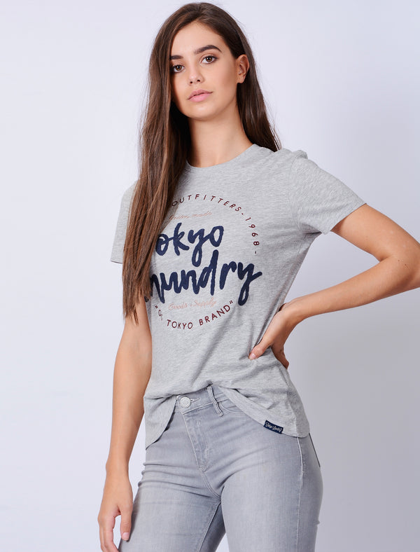 Mikala Flocked Motif Cotton Jersey T-Shirt In Light Grey Marl - Tokyo Laundry