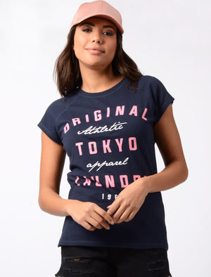 Nyla Motif Cotton Crew Neck T-Shirt In Eclipse Blue - Tokyo Laundry