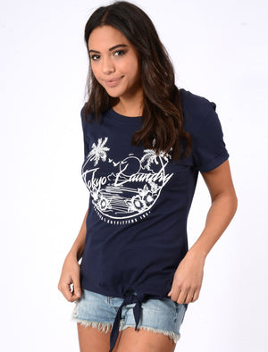 Anthea Knot Tie Crew Neck T-Shirt In Eclipse Blue - Tokyo Laundry