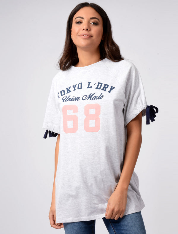 Lexi Oversized Cotton T-Shirt With Tie Sleeves In White Grey Marl - Tokyo Laundry