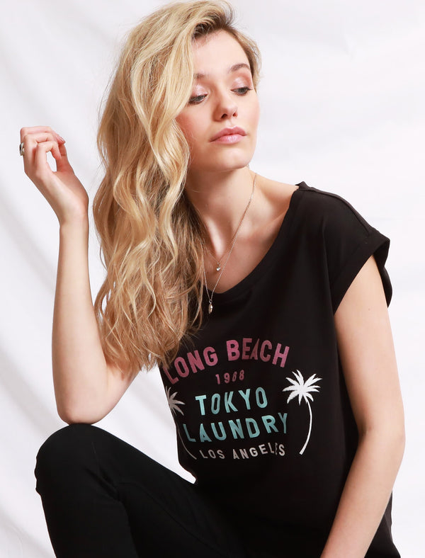 Womens Cotton T-Shirt with Turn-Up Sleeves In Jet Black - Tokyo Laundry