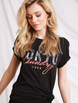 Alexa Skyline Motif Cotton Jersey T-Shirt In Jet Black - Tokyo Laundry