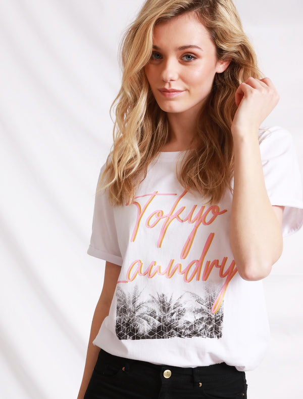 Womens Cotton T-Shirt with Turn-Up Sleeves In Optic White - Tokyo Laundry
