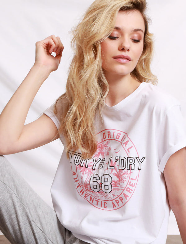 Niyana Cotton Jersey T-Shirt with Turn Up Sleeves In Optic White - Tokyo Laundry