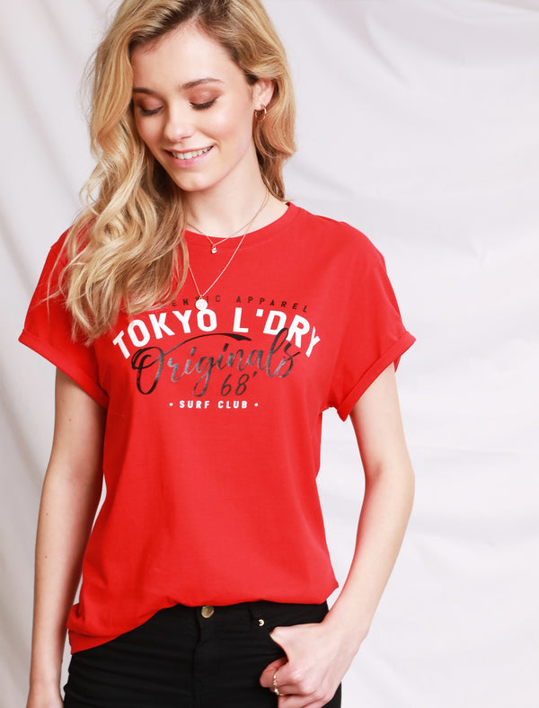 Bundi Cotton T-Shirt with Turn-Up Sleeves In Lollipop Red - Tokyo Laundry