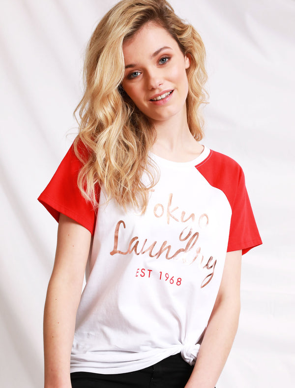 Womens Raglan Sleeve Cotton T-Shirt In Lollipop Red - Tokyo Laundry