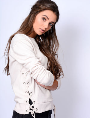 Arrow Cropped Sweatshirt with Lace Up Eyelets in White Asparagus - Amara Reya