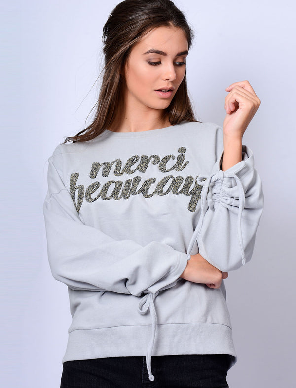 Azalea Oversized Sweatshirt with Boucle Motif in Windchime - Amara Reya