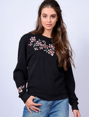Blossom Floral Embroidered Sweatshirt in Jet Black - Amara Reya
