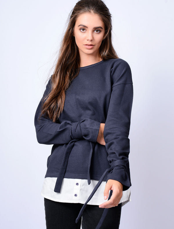 Fenman Layered Sweatshirt with Tie Sleeves in Mood Indigo - Amara Reya