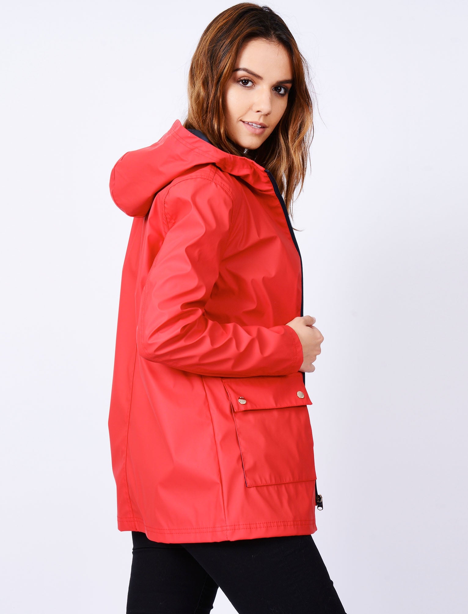 TL Seagull Hooded PU Coat in Tango Red Tokyo Laundry