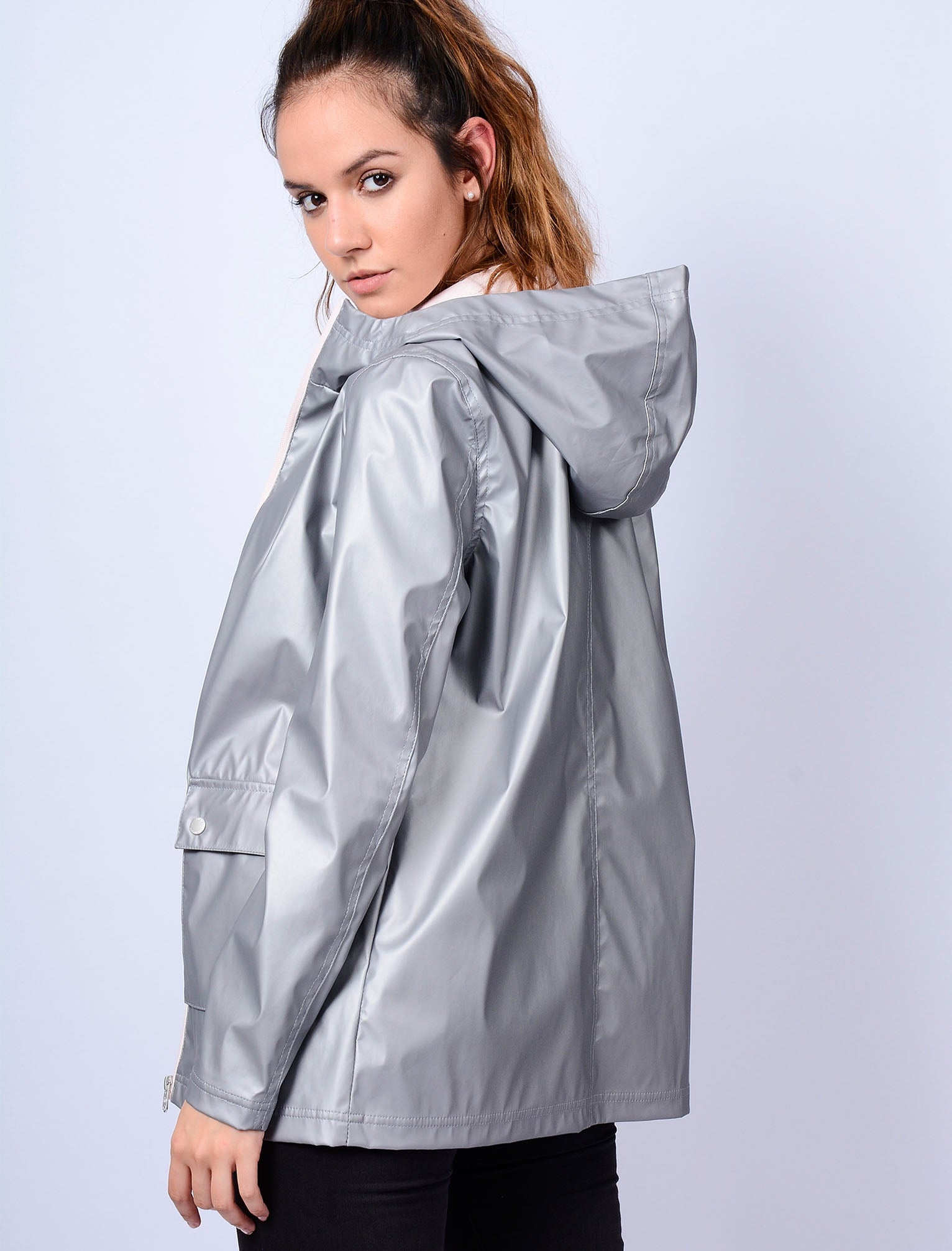 TL Seagull Hooded PU Coat in Matte Silver Tokyo Laundry