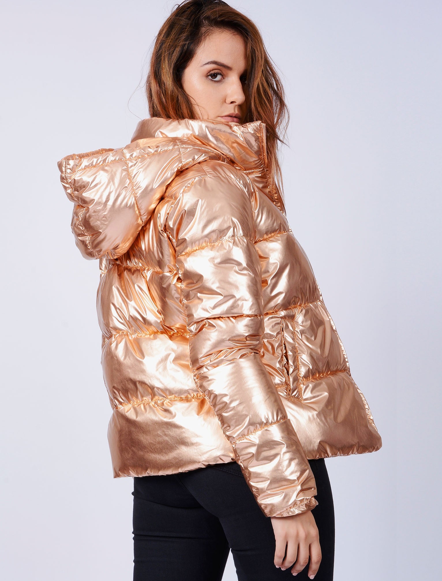Rose gold new arrivals metallic puffer jacket