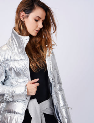 Edona Quilted Puffer Jacket in Metallic Silver - Tokyo Laundry