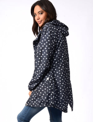 Womens Star Print Hooded Rain Coat In Peacoat Black - Tokyo Laundry