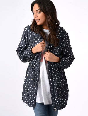 Womens Star Print Hooded Rain Coat In Peacoat Black - Tokyo Laundry
