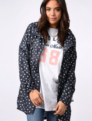 Womens Star Print Hooded Rain Coat In Peacoat Black - Tokyo Laundry
