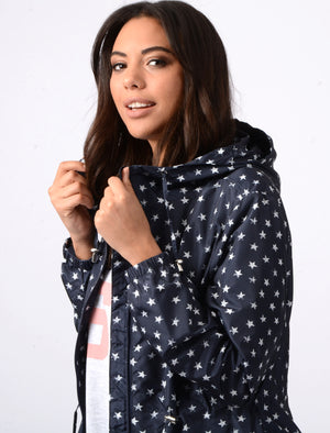 Womens Star Print Hooded Rain Coat In Peacoat Black - Tokyo Laundry