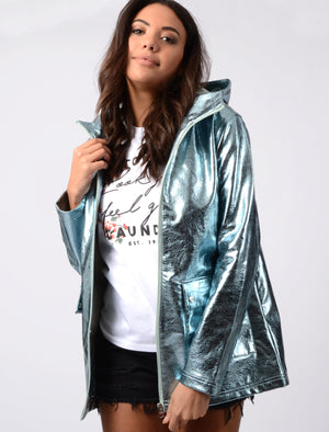 Shine Hooded Rain Coat In Aqua Metallic - Tokyo Laundry