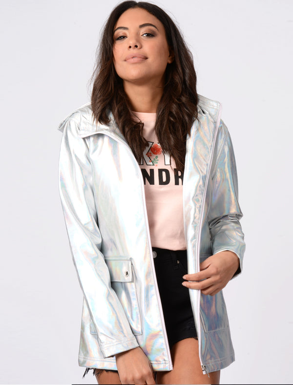 Shine Hooded Rain Coat In Iridescent White - Tokyo Laundry
