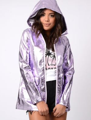 Shine  Hooded Rain Coat In Lilac Metallic - Tokyo Laundry