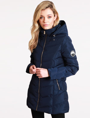 Safflower Longline Quilted Puffer Coat In Peacoat Blue - Tokyo Laundry