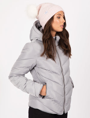 Oracle Chevron Quilted Hooded Puffer Jacket in Light Grey - Tokyo Laundry