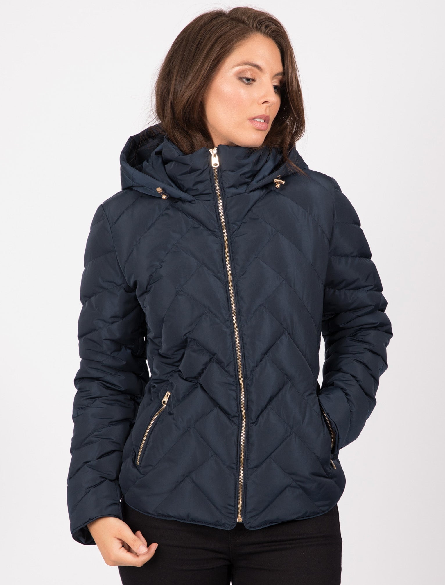 Chateau Zig Zag Quilted Hooded Puffer Jacket in Navy Blazer