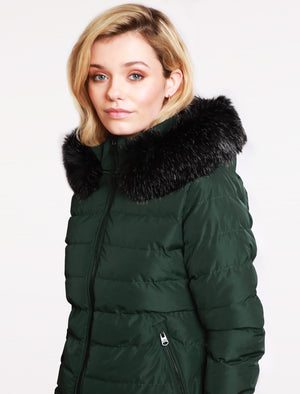 Pepper Quilted Hooded Jacket With Detachable Fur Trim In Dark Green - Tokyo Laundry