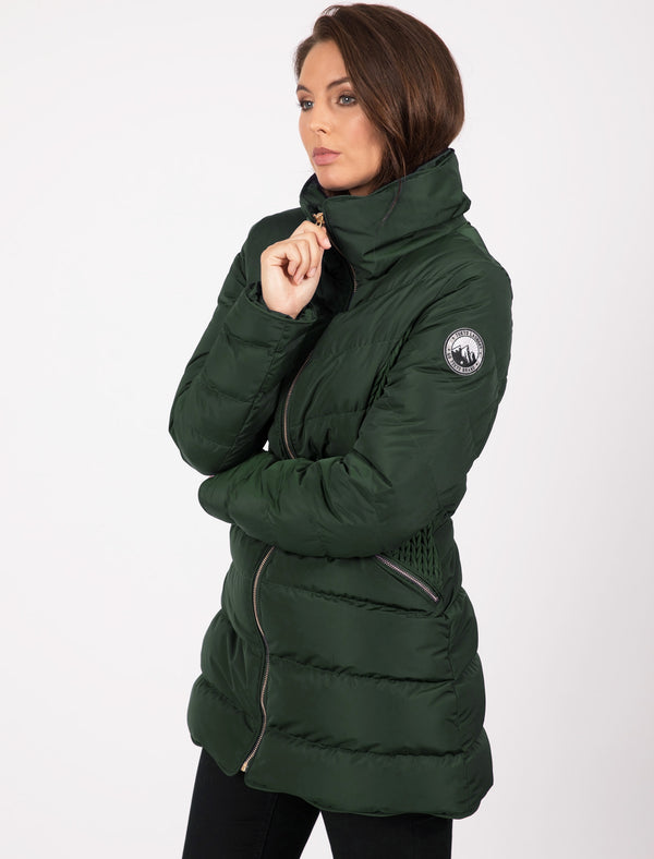 Shiso Funnel Neck Longline Puffer Coat In Dark Green - Tokyo Laundry