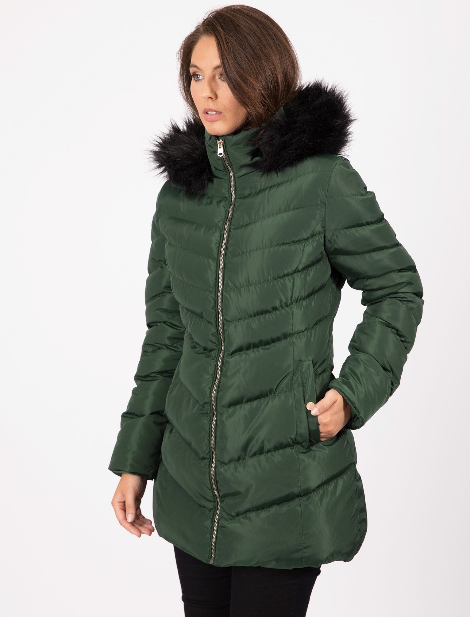 Green puffer online with fur hood