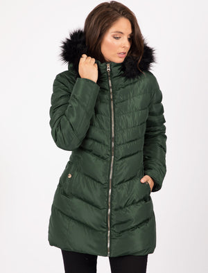 Lotus Longline Quilted Puffer Coat with Faux Fur Trim Hood in Dark Green - Tokyo Laundry