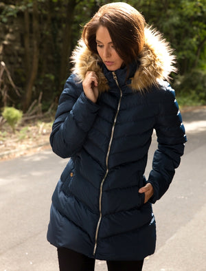 Lotus Longline Quilted Puffer Coat with Faux Fur Trim Hood in Navy - Tokyo Laundry