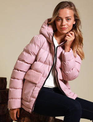 Kensington Quilted Puffer Coat with Borg Lined Hood & Pocket in Dusky Pink - Tokyo Laundry