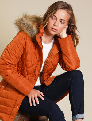 Rigel Longline Quilted Puffer Coat with Faux Fur Trim Hood in Cinnamon Stick - Tokyo Laundry