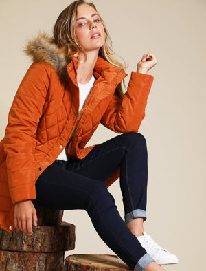 Rigel Longline Quilted Puffer Coat with Faux Fur Trim Hood in Cinnamon Stick - Tokyo Laundry