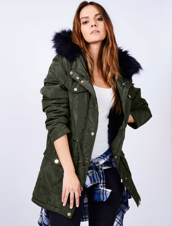 Tonya Blue Fur Lined Parka Coat in Khaki - Tokyo Laundry