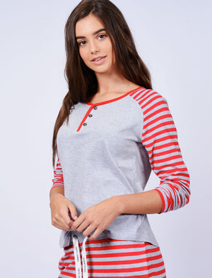 Phillipa Striped 2pc Cotton Lounge Set in Light Grey Marl / Red - Tokyo Laundry