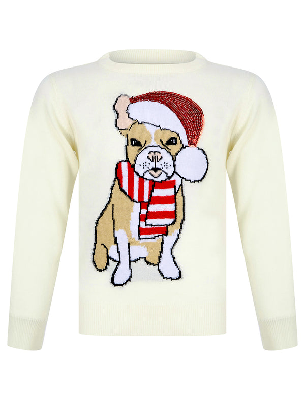 Girl's Santa Dog Novelty Sequinned Christmas Jumper in Gardenia - Merry Christmas Kids (4-12yrs)