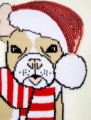 Girl's Santa Dog Novelty Sequinned Christmas Jumper in Gardenia - Merry Christmas Kids (4-12yrs)