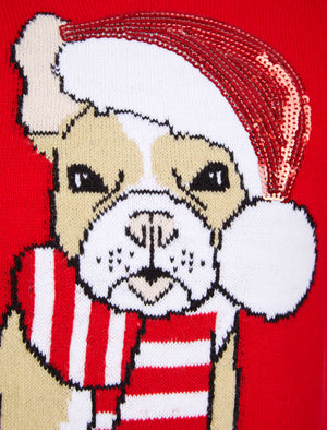 Girl's Santa Dog Novelty Sequinned Christmas Jumper in Tokyo Red - Merry Christmas Kids (4-12yrs)