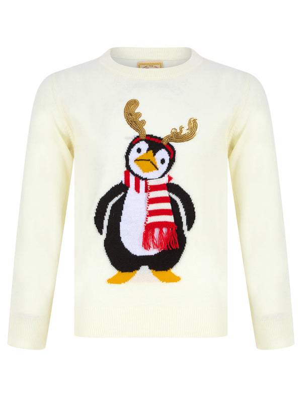 Girl's Antler Penguin Novelty Sequinned Christmas Jumper in Gardenia - Merry Christmas Kids (4-12yrs)