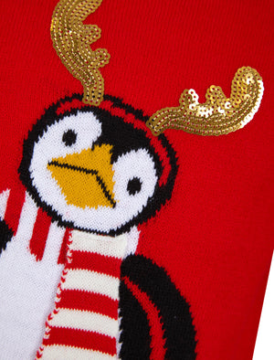 Girl's Antler Penguin Novelty Sequinned Christmas Jumper in Tokyo Red - Merry Christmas Kids (4-12yrs)