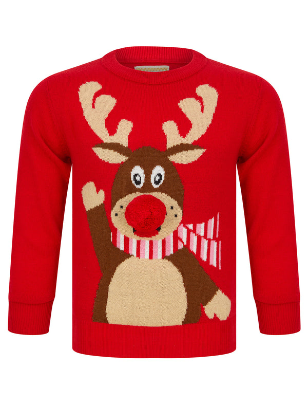 Girl's Waving Reindeer Pom Pom Nose Novelty Christmas Jumper in Tokyo Red - Merry Christmas Kids (4-12yrs)