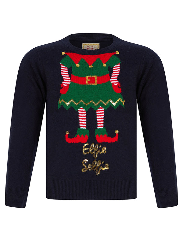 Girl's Elfie Selfie Motif Novelty Sequinned Christmas Jumper in Ink - Merry Christmas Kids (4-12yrs)