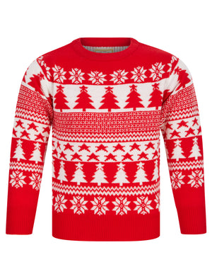 Girl's Star Tree Nordic Fairisle Novelty Christmas Jumper in Tokyo Red - Merry Christmas Kids (4-12yrs)