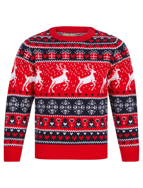 Girl's Snow Reindeer Nordic Fairisle Novelty Christmas Jumper in Tokyo Red - Merry Christmas Kids (4-12yrs)