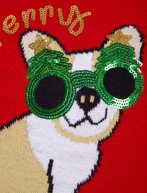 Girl's Glasses Dog Novelty Sequinned Christmas Jumper in Tokyo Red - Merry Christmas Kids (4-12yrs)