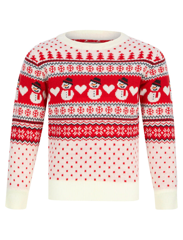 Girl's Snowman Jacquard Nordic Fairisle Novelty Christmas Jumper in Tokyo Red - Merry Christmas Kids (4-12yrs)